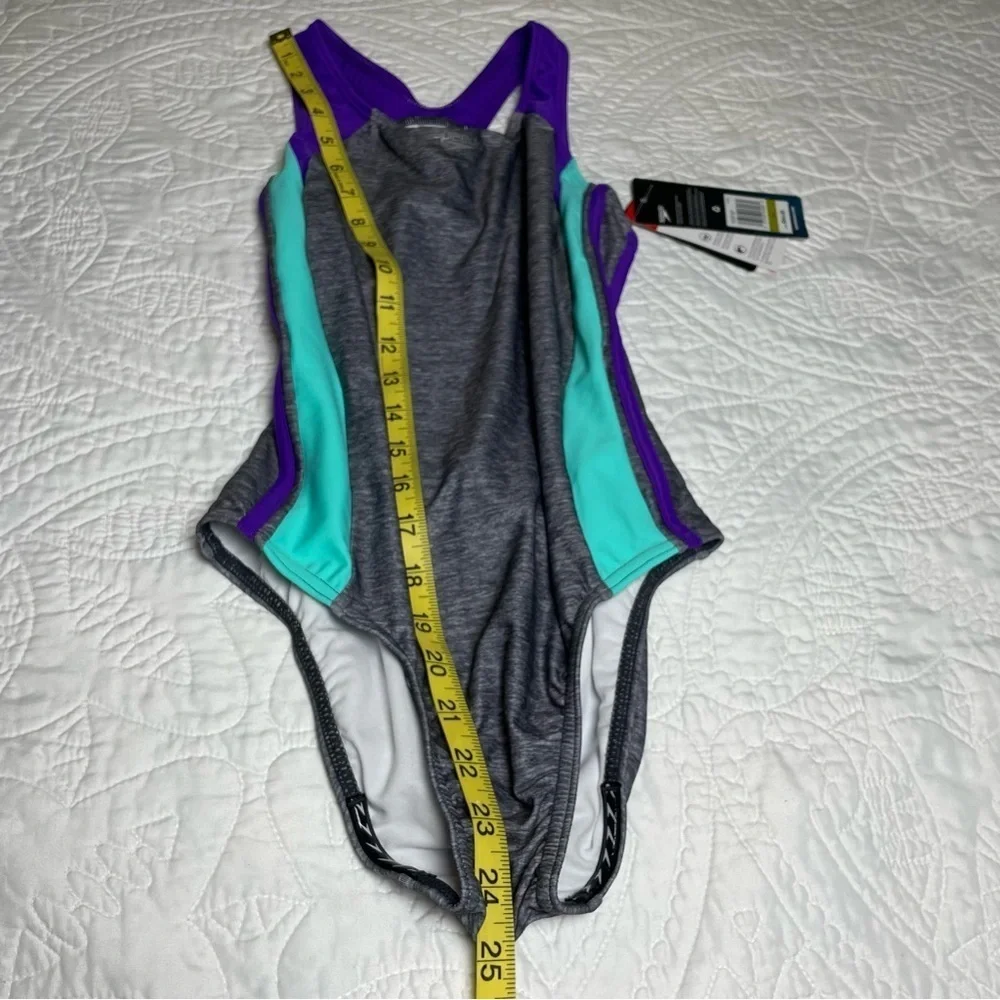 New With Tags Speedo Girls One Piece Racerback Swimsuit Size 14 Gray Purple Aqua